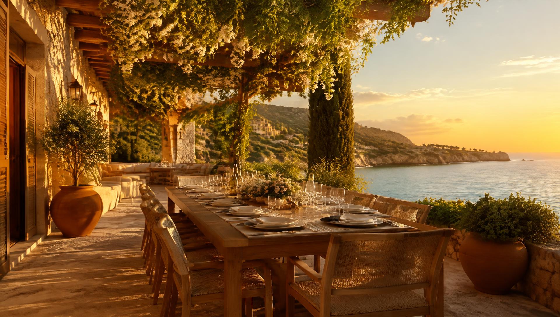 Sunset terrace set for a family feast